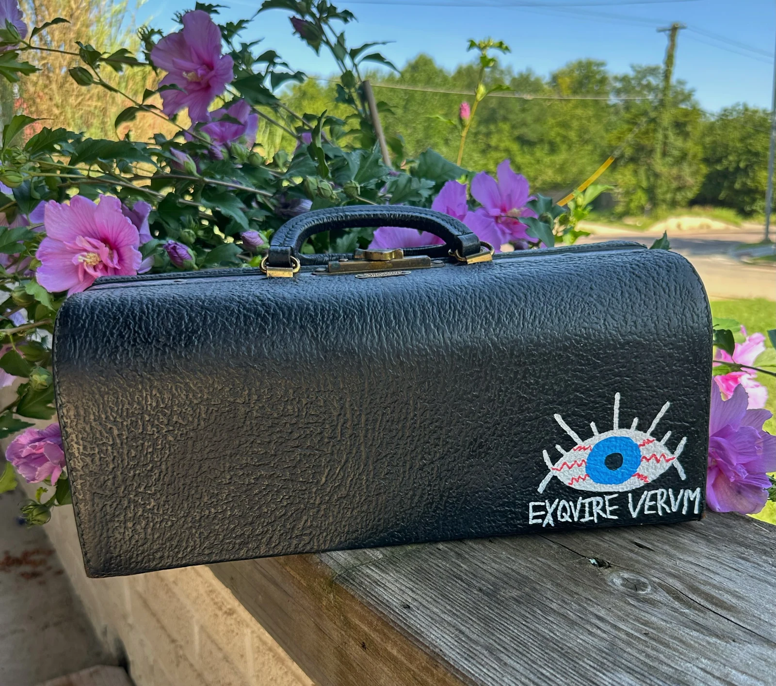 House Call. A black vintage doctor’s bag painted with a blue eye, white rays, and the words EXQVIRE VERVM.